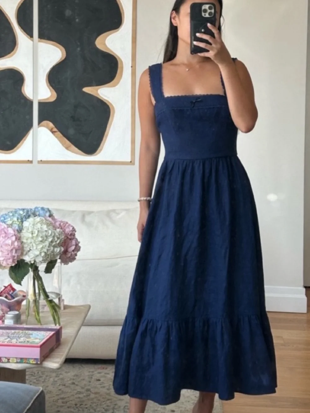 Reformation Rowen Sleeveless Smock Tiered Linen Midi Summer Dress Navy Blue Sz 8 - Picture 1 of 8